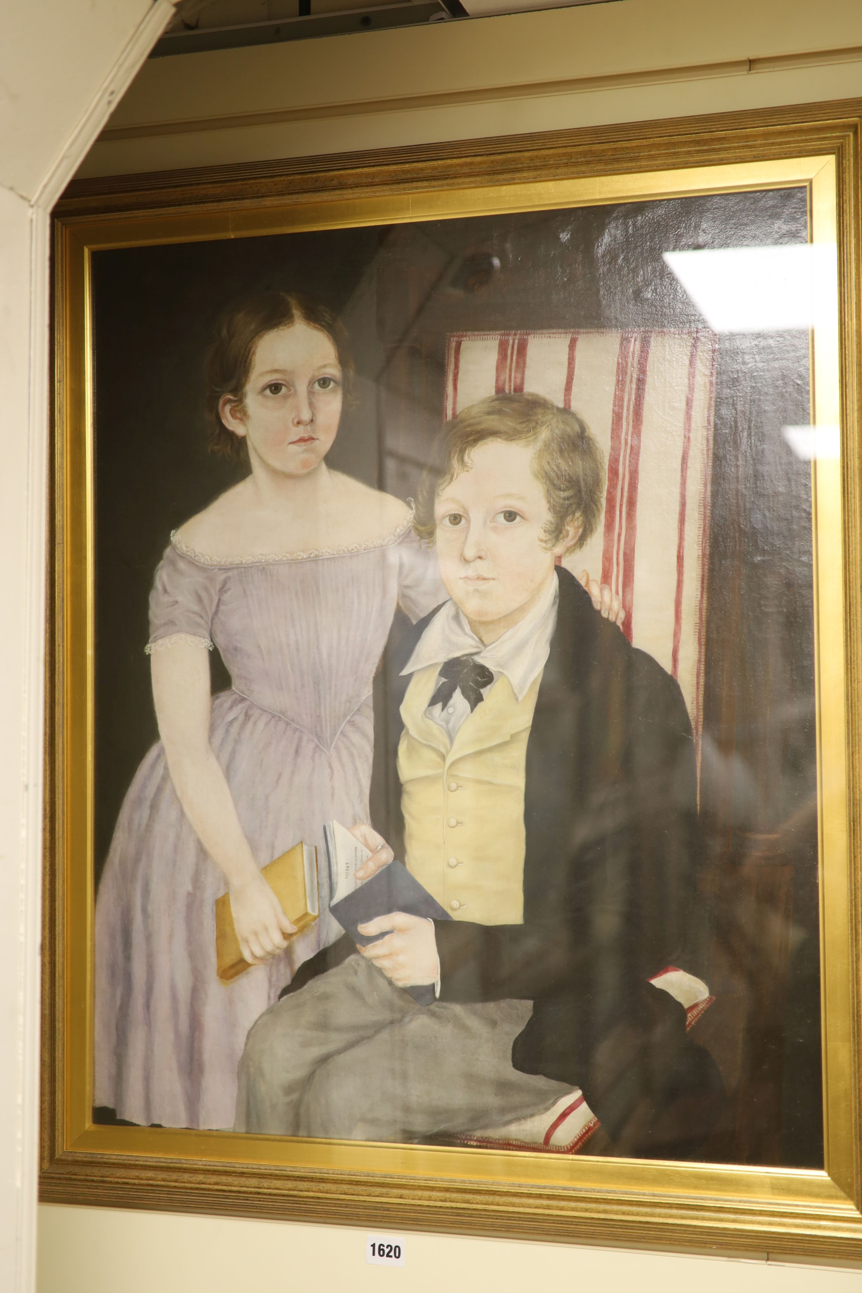 English School c.1890, oil on board, Portrait of a brother and sister, 'Lanarth', Cornwall, 71 x 58cm